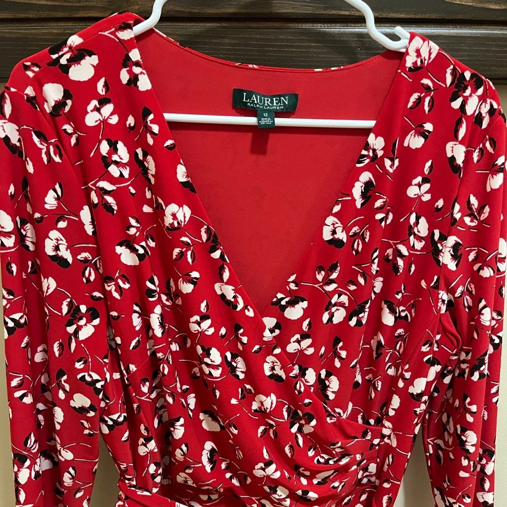 Lauren Ralph Lauren Red Floral Faux Wrap Jersey Dress Size 12 - Picture 4 of 15